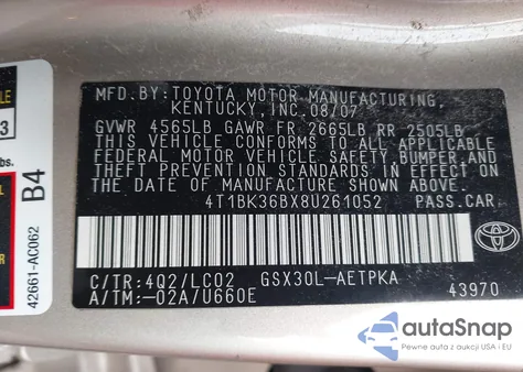 2008 Toyota Avalon Limited z USA, uszkodzony, nr VIN 4T1BK36BX8U261052